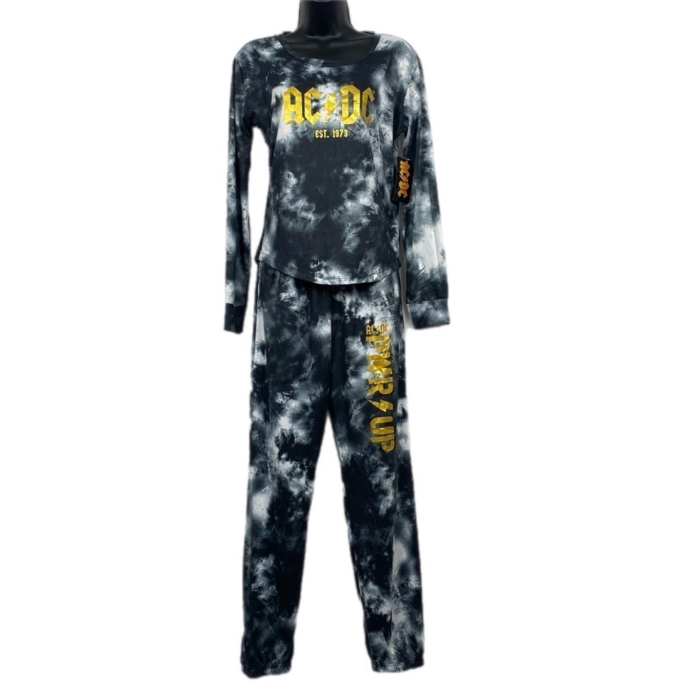 AC/DC Women’s LS Top Jogger Pajama Set Size Small Band Graphic Tee‎ Tie-Dye Gold